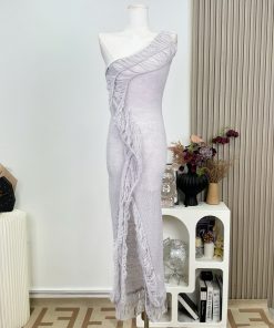 Elegant Purple Knitted Mermaid Dress with Asymmetrical Shoulder Design - Sexy Slim Fit Iris Drooping Style for Trendy Looks