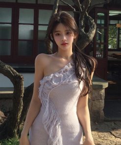 Elegant Purple Knitted Mermaid Dress with Asymmetrical Shoulder Design - Sexy Slim Fit Iris Drooping Style for Trendy Looks