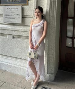 Elegant Purple Knitted Mermaid Dress with Asymmetrical Shoulder Design - Sexy Slim Fit Iris Drooping Style for Trendy Looks