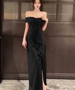 Elegant Red One-Shoulder Evening Gown for Women, High-End French Style, Sexy Banquet Dress for Formal Events