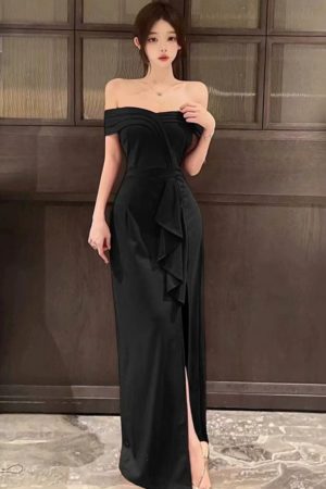 Elegant Red One-Shoulder Evening Gown for Women, High-End French Style, Sexy Banquet Dress for Formal Events