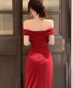Elegant Red One-Shoulder Evening Gown for Women, High-End French Style, Sexy Banquet Dress for Formal Events