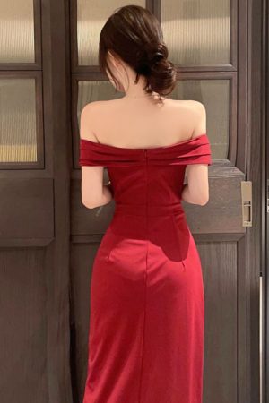 Elegant Red One-Shoulder Evening Gown for Women, High-End French Style, Sexy Banquet Dress for Formal Events