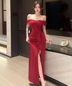 Elegant Red One-Shoulder Evening Gown for Women, High-End French Style, Sexy Banquet Dress for Formal Events
