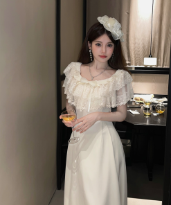 Elegant Retro Floral Lace Summer Long Dress with Cape Design - Perfect for 90s and Y2K Inspired Fashion