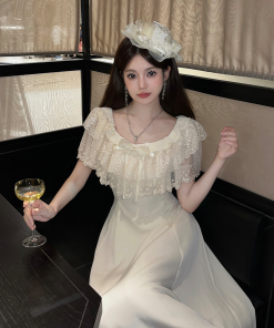 Elegant Retro Floral Lace Summer Long Dress with Cape Design - Perfect for 90s and Y2K Inspired Fashion