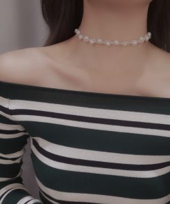 Elegant Retro Pearl Necklace for Women with Transparent Rice Beads Collar Chain - Modern French Style Jewelry