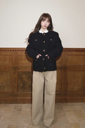 Elegant Round Neck Woolen Coat for Women - Slim Fit, Long Sleeve, Warm Autumn Winter Outerwear, Flattering Design, High-End Feel
