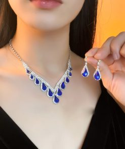 Elegant Royal Blue Water Drop Necklace Set - High-End Versatile Clavicle Chain for Evening Wear, Fashion Accessory for Brides
