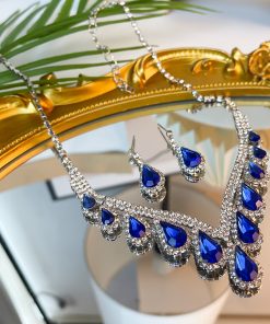 Elegant Royal Blue Water Drop Necklace Set - High-End Versatile Clavicle Chain for Evening Wear, Fashion Accessory for Brides