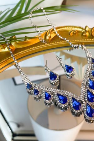 Elegant Royal Blue Water Drop Necklace Set - High-End Versatile Clavicle Chain for Evening Wear, Fashion Accessory for Brides