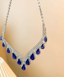 Elegant Royal Blue Water Drop Necklace Set - High-End Versatile Clavicle Chain for Evening Wear, Fashion Accessory for Brides