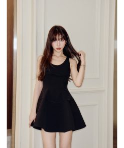 Elegant Satin Ribbon Umbrella Skirt Dress with U-Shaped Straps, Waist-Cinching Puff Princess Design for Women - Y2K Fashion