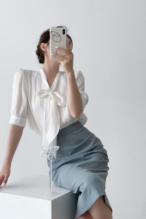 Elegant Satin Sheen French Bow Short-Sleeve Tie Shirt for Women - Summer Chic, Gentle Temperament, Flowy Style