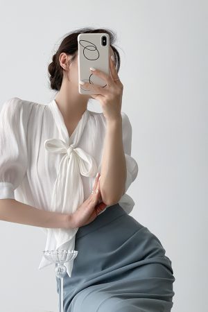 Elegant Satin Sheen French Bow Short-Sleeve Tie Shirt for Women - Summer Chic, Gentle Temperament, Flowy Style