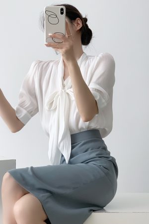 Elegant Satin Sheen French Bow Short-Sleeve Tie Shirt for Women - Summer Chic, Gentle Temperament, Flowy Style