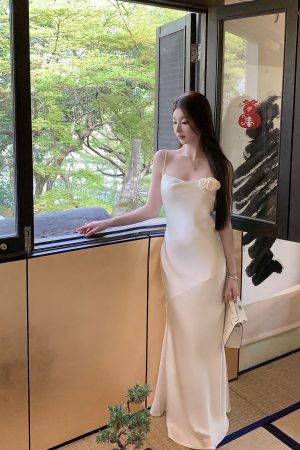 Elegant Satin White Slip Dress - Summer High-Quality Bodycon Skirt with Long Slim Fit for a Chic, Effortless Look