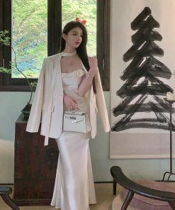 Elegant Satin White Slip Dress - Summer High-Quality Bodycon Skirt with Long Slim Fit for a Chic, Effortless Look