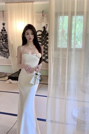 Elegant Satin White Slip Dress - Summer High-Quality Bodycon Skirt with Long Slim Fit for a Chic, Effortless Look