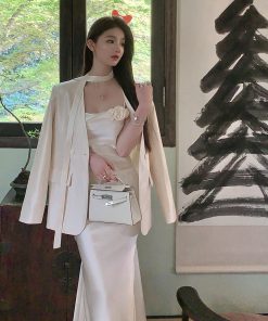 Elegant Satin White Slip Dress - Summer High-Quality Bodycon Skirt with Long Slim Fit for a Chic, Effortless Look