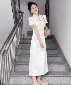Elegant Short-Sleeve Qipao Dress for Women - Waist-Cinching, High-Quality Chinese Style, Summer National Dress with Stand Collar