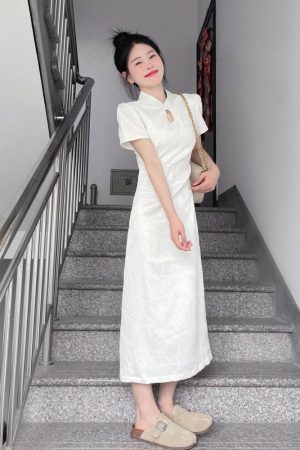 Elegant Short-Sleeve Qipao Dress for Women - Waist-Cinching, High-Quality Chinese Style, Summer National Dress with Stand Collar