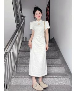Elegant Short-Sleeve Qipao Dress for Women - Waist-Cinching, High-Quality Chinese Style, Summer National Dress with Stand Collar