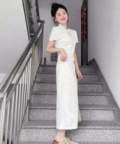 Elegant Short-Sleeve Qipao Dress for Women - Waist-Cinching, High-Quality Chinese Style, Summer National Dress with Stand Collar