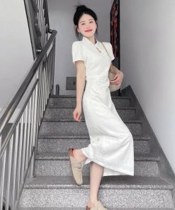 Elegant Short-Sleeve Qipao Dress for Women - Waist-Cinching, High-Quality Chinese Style, Summer National Dress with Stand Collar