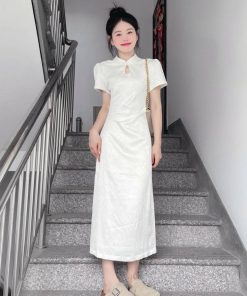 Elegant Short-Sleeve Qipao Dress for Women - Waist-Cinching, High-Quality Chinese Style, Summer National Dress with Stand Collar