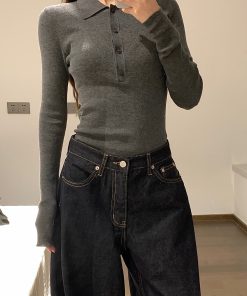 Elegant Slim-Fit Cashmere Knitted Polo Collar Top for Women - Autumn Winter Base Layer Fashion