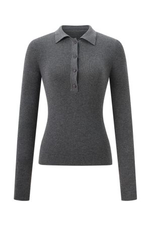 Elegant Slim-Fit Cashmere Knitted Polo Collar Top for Women - Autumn Winter Base Layer Fashion