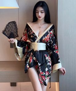 Elegant Slim-Fit Low-Cut Deep V-Neck Kimono Dress for Women - Nightclub & Work Attire, Chic Evening Style