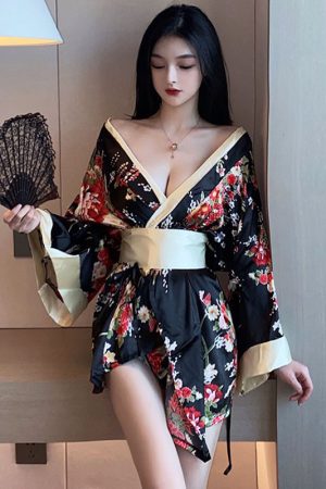 Elegant Slim-Fit Low-Cut Deep V-Neck Kimono Dress for Women - Nightclub & Work Attire, Chic Evening Style