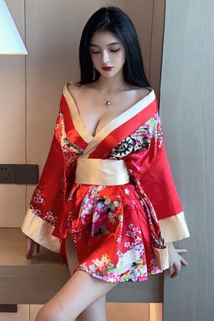 Elegant Slim-Fit Low-Cut Deep V-Neck Kimono Dress for Women - Nightclub & Work Attire, Chic Evening Style