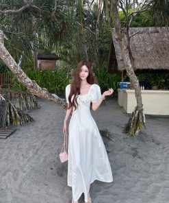 Elegant Slim Fit Mid-Length Dress for Women - White Egret Muse Spliced High Waist Skirt - Summer Fashion, Chic Style