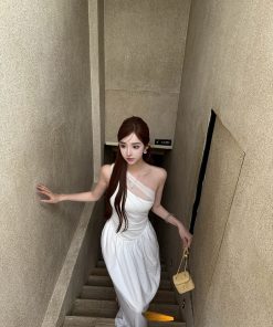 Elegant Slim Fit Mid-Length Dress for Women - White Egret Muse Spliced High Waist Skirt - Summer Fashion, Chic Style