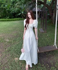 Elegant Slim Fit Mid-Length Dress for Women - White Egret Muse Spliced High Waist Skirt - Summer Fashion, Chic Style