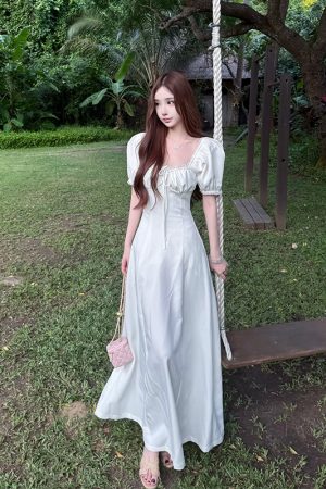 Elegant Slim Fit Mid-Length Dress for Women - White Egret Muse Spliced High Waist Skirt - Summer Fashion, Chic Style