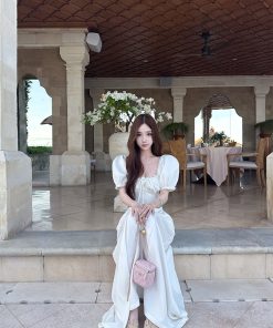 Elegant Slim Fit Mid-Length Dress for Women - White Egret Muse Spliced High Waist Skirt - Summer Fashion, Chic Style