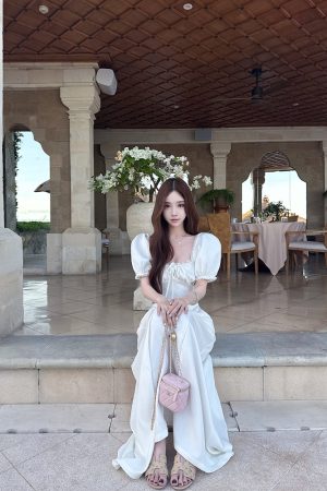 Elegant Slim Fit Mid-Length Dress for Women - White Egret Muse Spliced High Waist Skirt - Summer Fashion, Chic Style