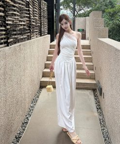 Elegant Slim Fit Mid-Length Dress for Women - White Egret Muse Spliced High Waist Skirt - Summer Fashion, Chic Style