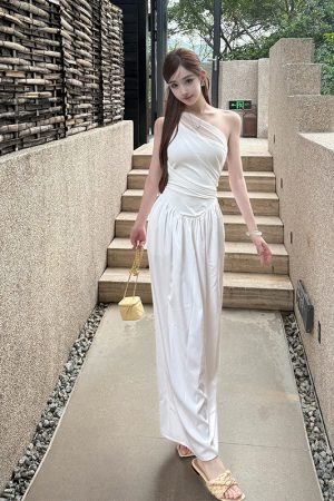 Elegant Slim Fit Mid-Length Dress for Women - White Egret Muse Spliced High Waist Skirt - Summer Fashion, Chic Style