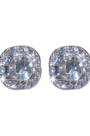 Elegant Square Diamond Inlaid Ear Studs - Shiny Silver Needle Earrings for Women, Trendy 2025 Commuting Style
