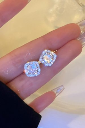 Elegant Square Diamond Inlaid Ear Studs - Shiny Silver Needle Earrings for Women, Trendy 2025 Commuting Style