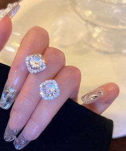 Elegant Square Diamond Inlaid Ear Studs - Shiny Silver Needle Earrings for Women, Trendy 2025 Commuting Style