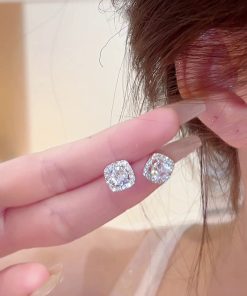Elegant Square Diamond Inlaid Ear Studs - Shiny Silver Needle Earrings for Women, Trendy 2025 Commuting Style