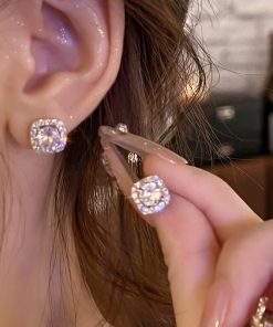 Elegant Square Diamond Inlaid Ear Studs - Shiny Silver Needle Earrings for Women, Trendy 2025 Commuting Style