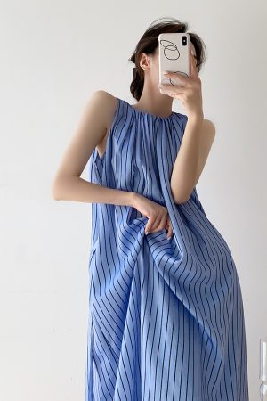 Elegant Striped Sleeveless Dress for Women - Summer Tank Maxi Dress with Niche French High-End Feel