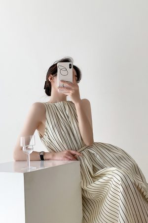 Elegant Striped Sleeveless Dress for Women - Summer Tank Maxi Dress with Niche French High-End Feel